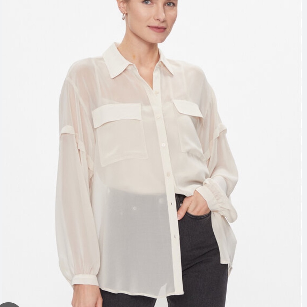 NWT DKNY Relaxed Fit Button Down Chiffon‎ Top with Camisole SZ S in City Khaki